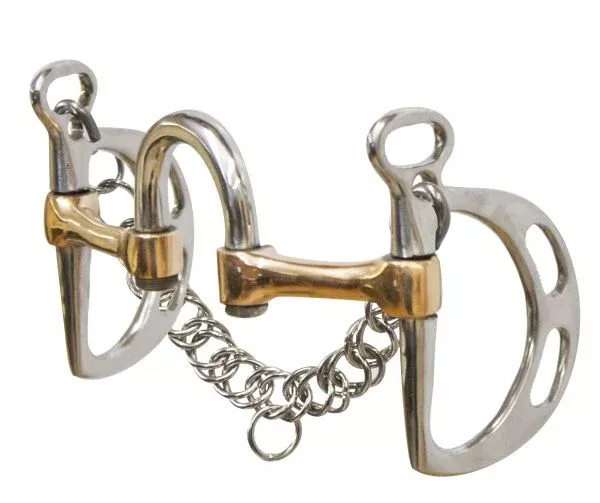 #11144: Showman  stainless steel slotted correction kimberwick with 5" copper swivel mouth with st