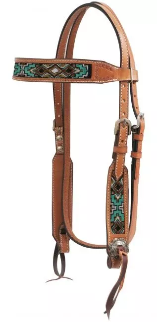 #13742: ShowmanMedium chocolate Argentina cow leather headstall with beaded inlays