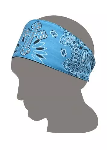 #37054: Chop Top Light Blue and Black bandana Doo wrap with rhinestone cross with velcro back