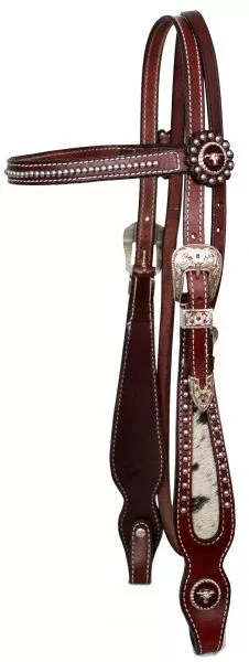 #470: Showman™ leather browband beaded headstall and reins with hair on cowhide cheeks in Burgundy