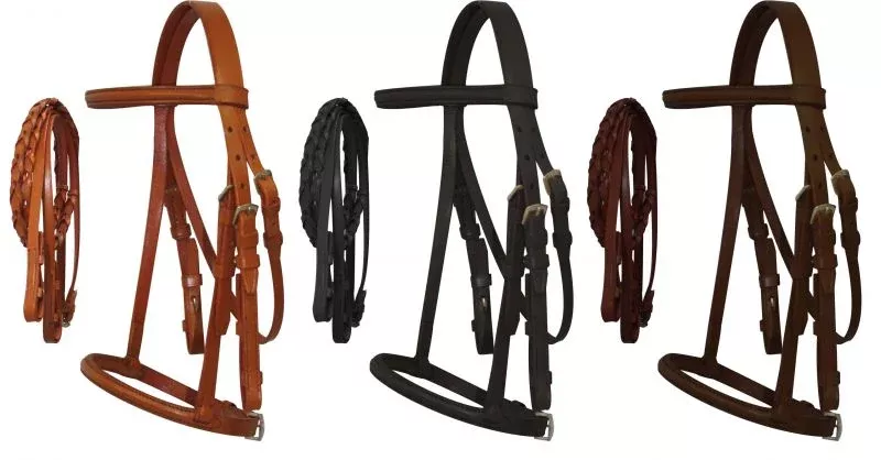 #5900M: Mini Size English headstall with raised browband and braided leather reins