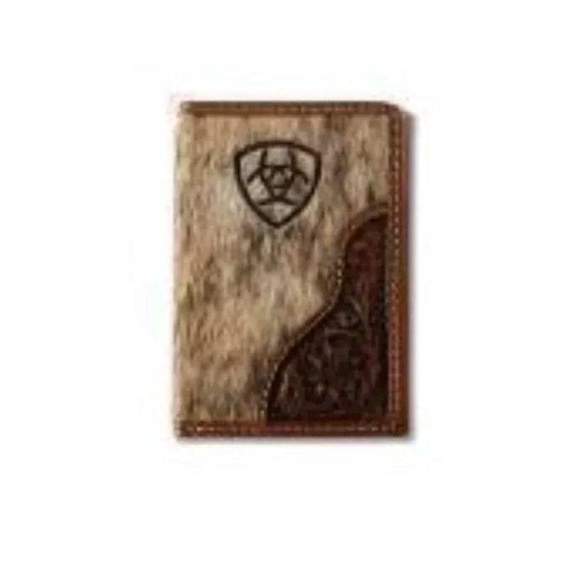 Ariat Mens Trifold Style Wallet Laser Etched Shield Brown