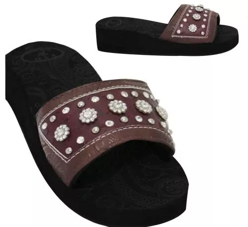 #BA2863-B: Western Bling Wedge Flip Flops with Brown and Burgundy Leather and Crystal Rhinestones