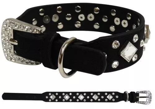 #D005B: Showman Couture ™ Black leather dog collar with crystal rhinestones