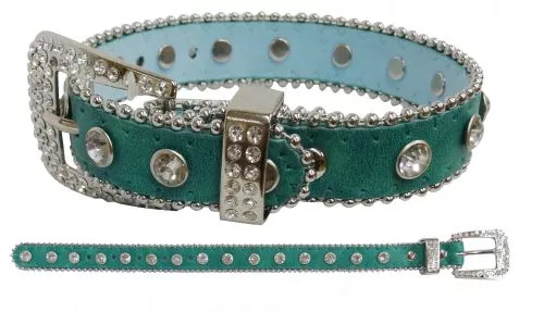 #D022T: Showman Couture ™ Teal leather fashion dog collar with crystal rhinestones and a crystal rh