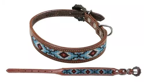 #DC-02: Showman Couture ™ Beaded inlay leather dog collar with copper buckle