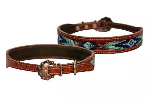 #DC-07: Showman Couture ™ Genuine leather dog collar with beaded inlay