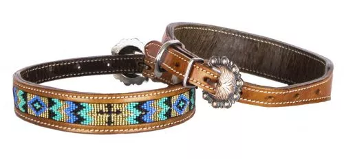 #DC-08: Showman Couture ™ Genuine leather dog collar with beaded inlay