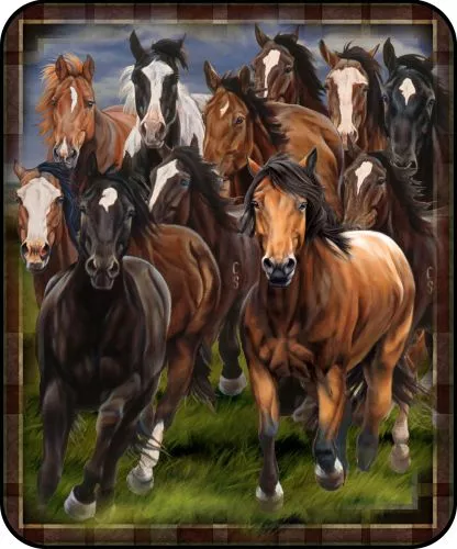 "Running Horses" luxury silk touch throw with sherpa lining