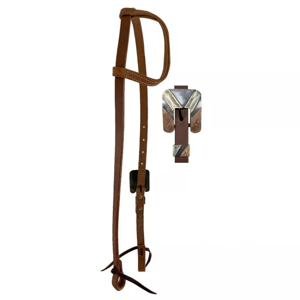 Showman Argentina Cow Leather One Ear Headstall with Silver and Copper Overlays