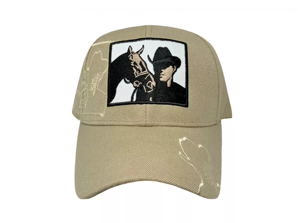 Square Patch Tan Ballcap with Cowboy and Horse, and Cowboy Embroidered on Bill and back