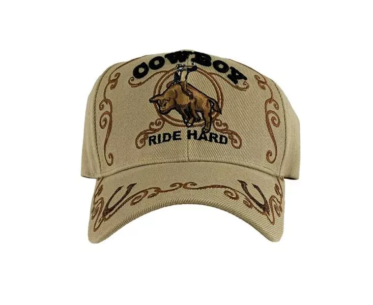 Tan Cowboy Ballcap with Bull rider decal "Ride Hard"