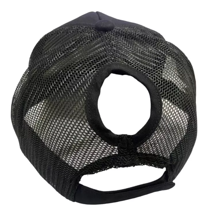 Women's Ponytail Adjustable Baseball Cap - Cross Hair on Cowhide Inlay/Tooled Leather